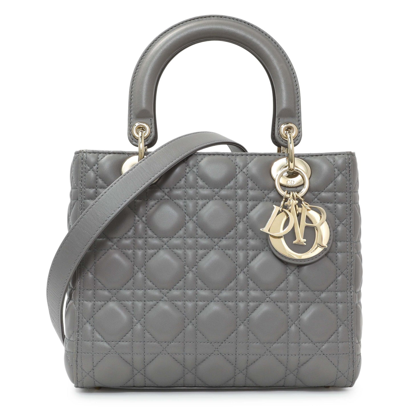 Exclusive Christian Dior Grey Lambskin Cannage Medium Lady Dior — Front View