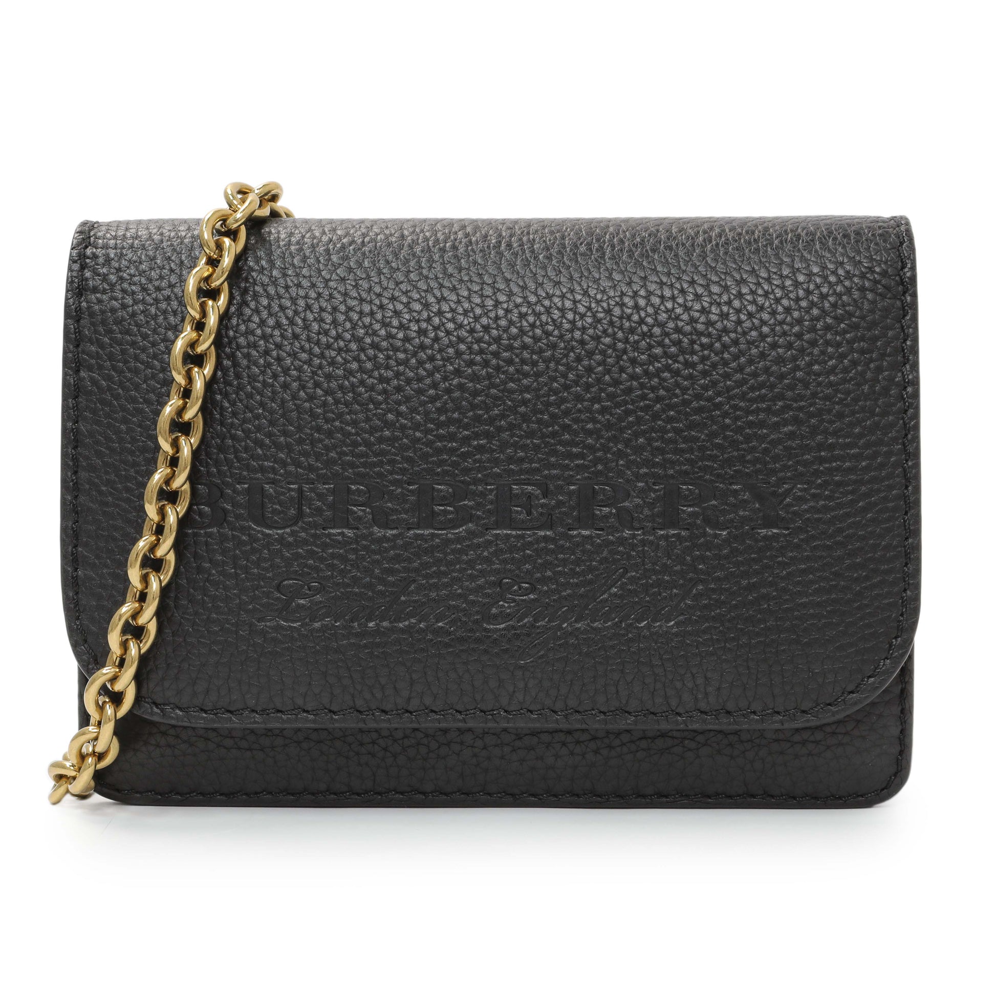 Exclusive Burberry Black Pebbled Leather Hampshire Wallet On Chain — Front View
