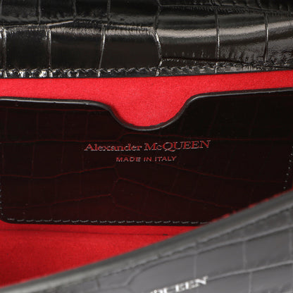 Exclusive Alexander McQueen Black Shiny Crocodile Embossed Calfskin Knuckle Jeweled Shoulder Bag — Lifestyle View