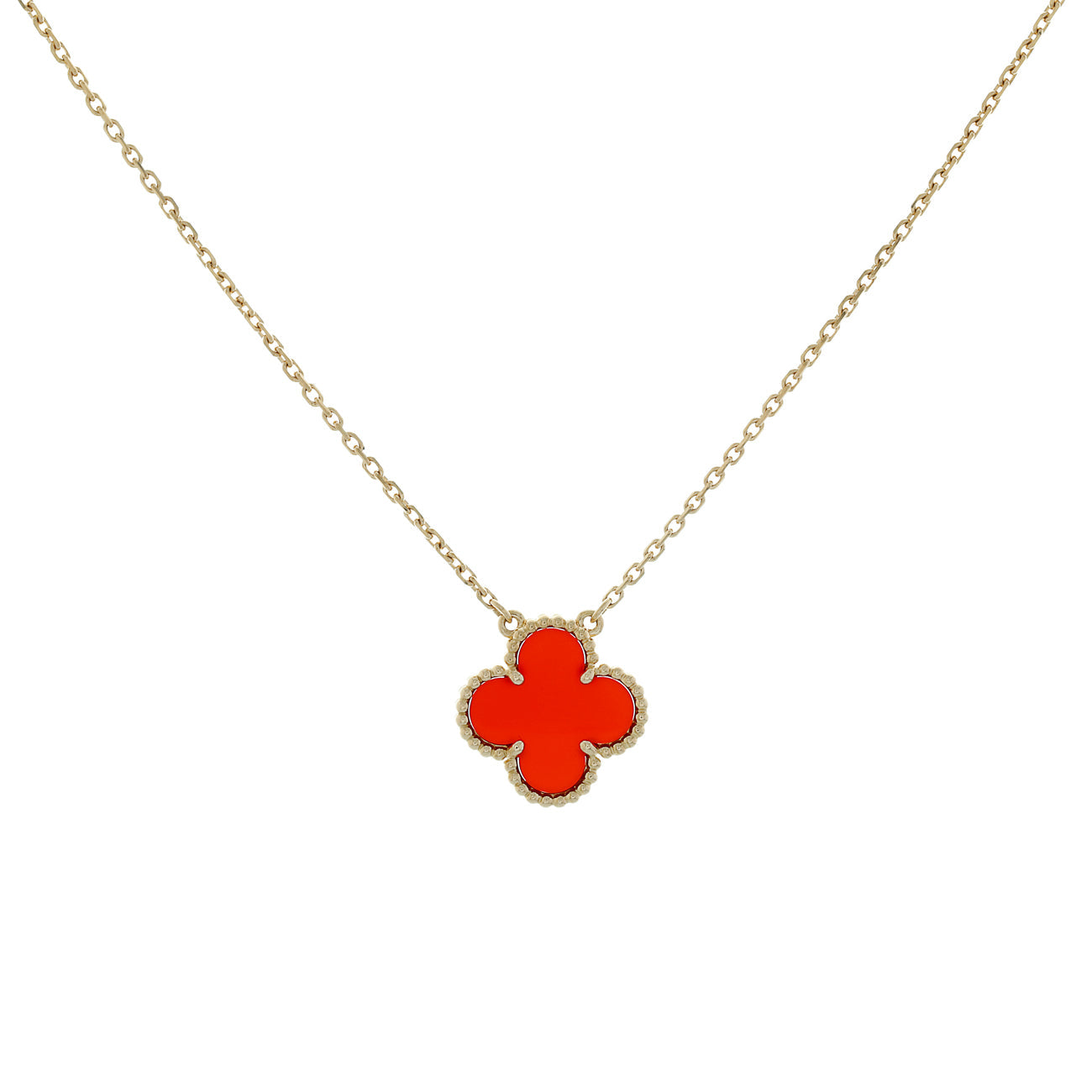Exclusive Van Cleef & Arpels 18K Yellow Gold Carnelian Vintage Alhambra Pendant Necklace — Front View