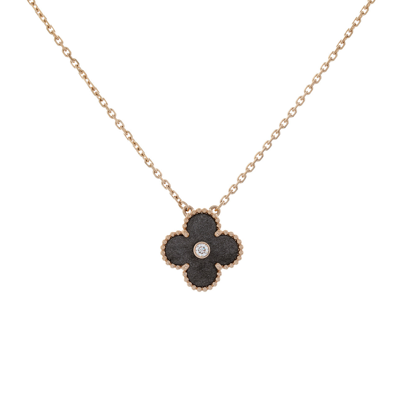 Exclusive Van Cleef & Arpels 18K Rose Gold Diamond Obsidian Vintage Alhambra Pendant Necklace — Front View