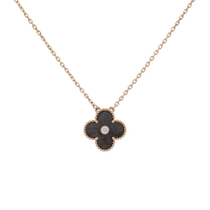 Exclusive Van Cleef & Arpels 18K Rose Gold Diamond Obsidian Vintage Alhambra Pendant Necklace — Front View