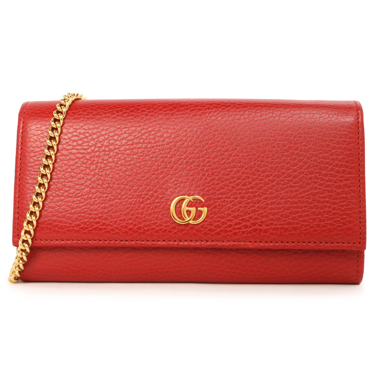Exclusive Gucci Red Dollar Calfskin Petite GG Marmont Chain Wallet — Front View