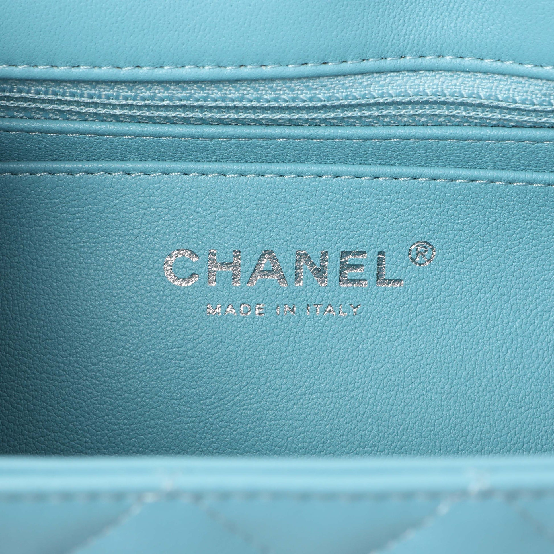 Exclusive Chanel Blue Quilted Lambskin Mini Rectangular Flap — Detail View