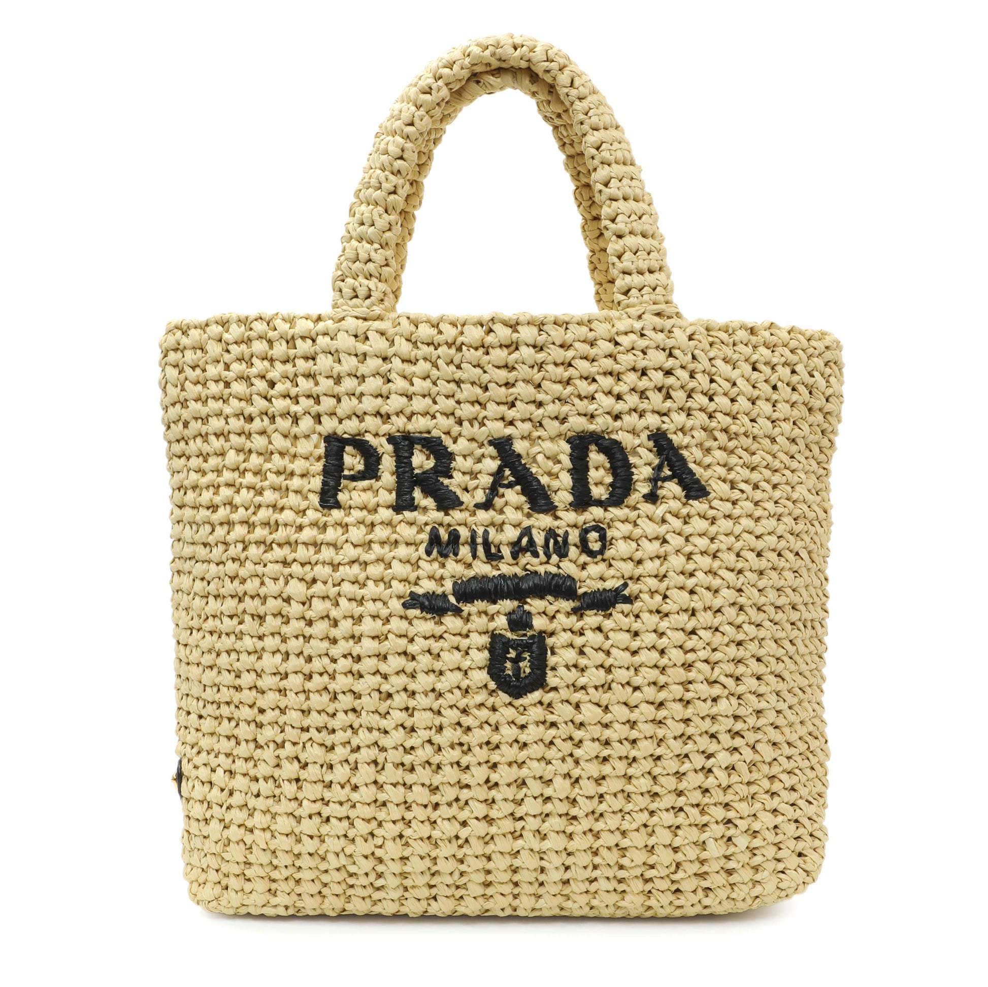 Exclusive Prada Natural Yarn Raffia Effect Crochet Small Logo Tote — Front View
