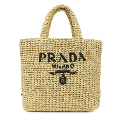 Exclusive Prada Natural Yarn Raffia Effect Crochet Small Logo Tote — Front View