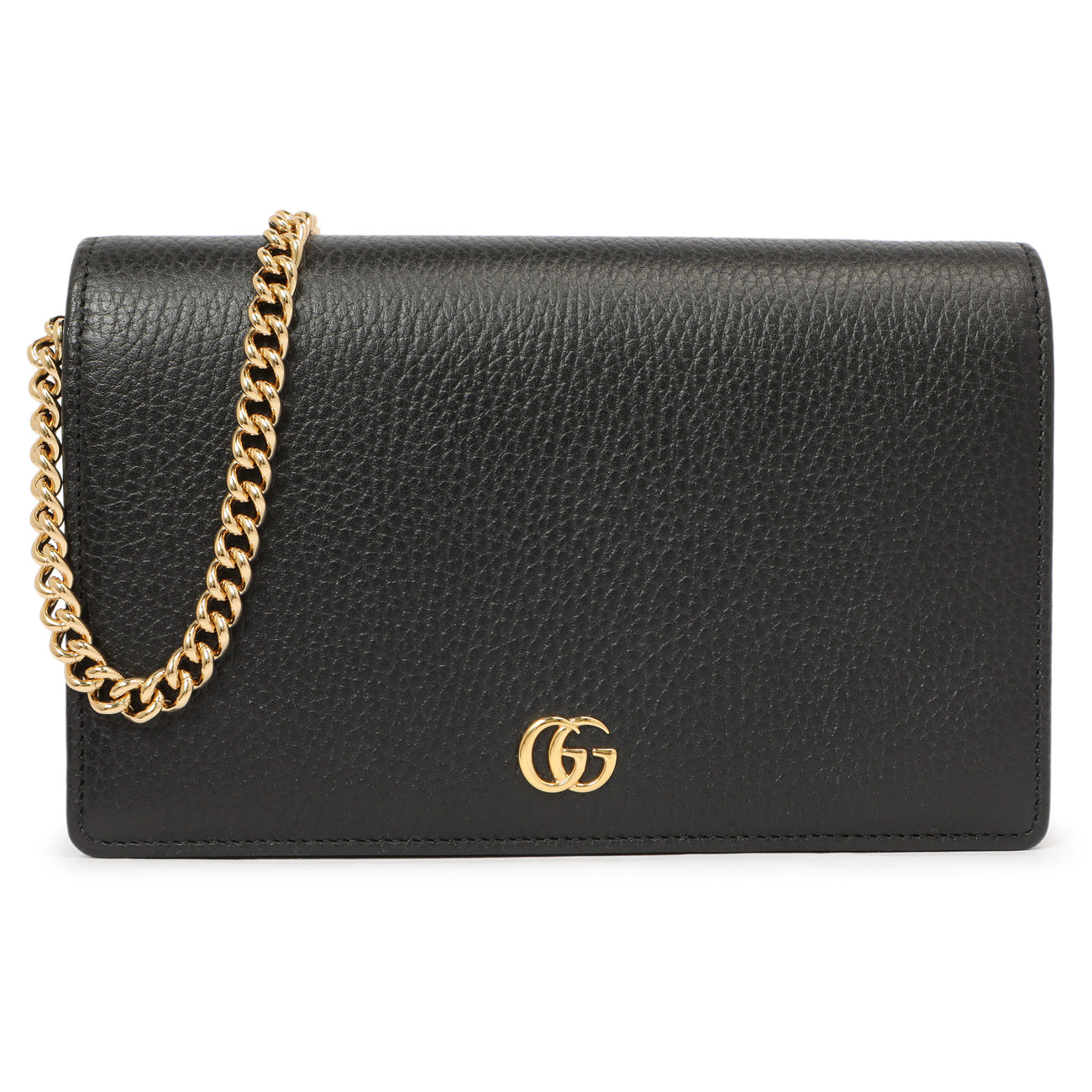 Exclusive Gucci Black Calfskin Mini GG Marmont Chain Wallet — Front View