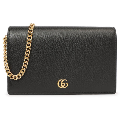 Exclusive Gucci Black Calfskin Mini GG Marmont Chain Wallet — Front View