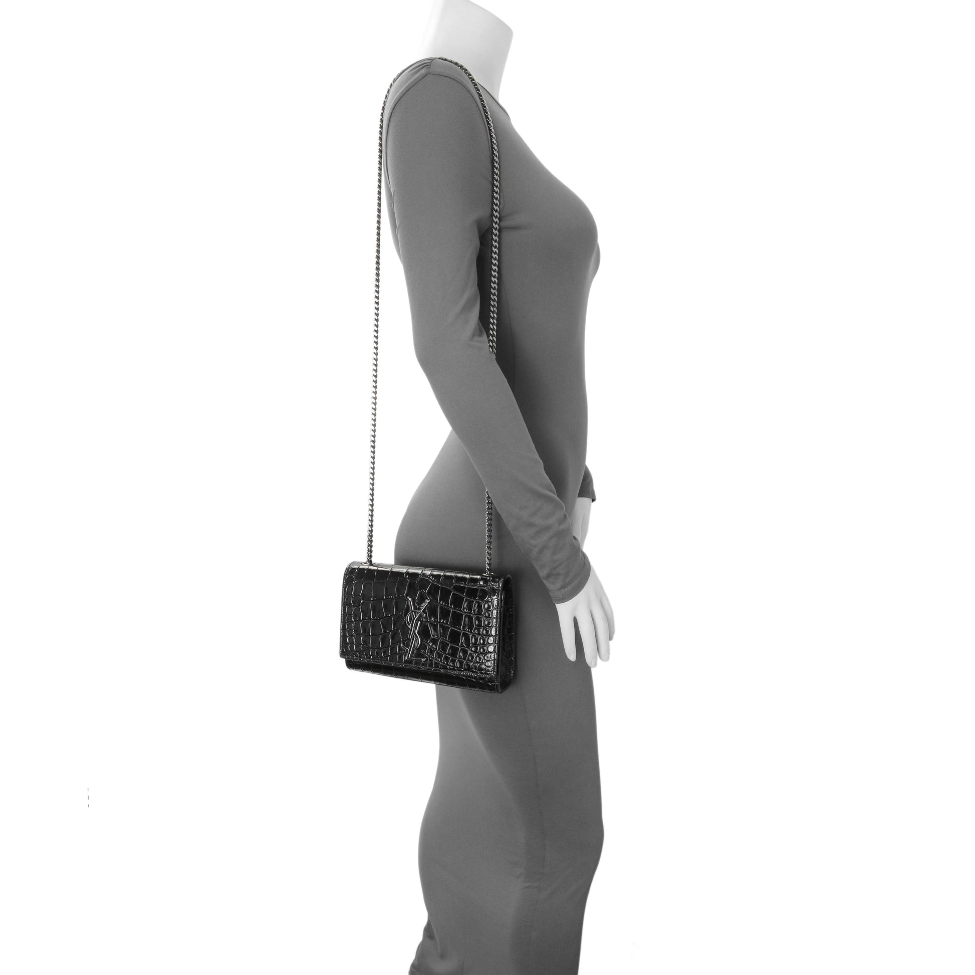 Exclusive Saint Laurent Calfskin Crocodile Embossed Small Classic Monogram Kate Satchel — Alternate View 12