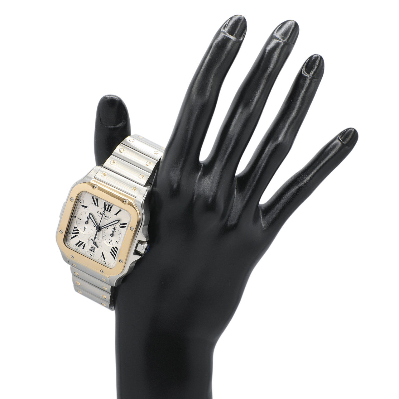 Exclusive Cartier Stainless Steel 18K Yellow Gold Santos Chronograph W2SA0008 — Detail View