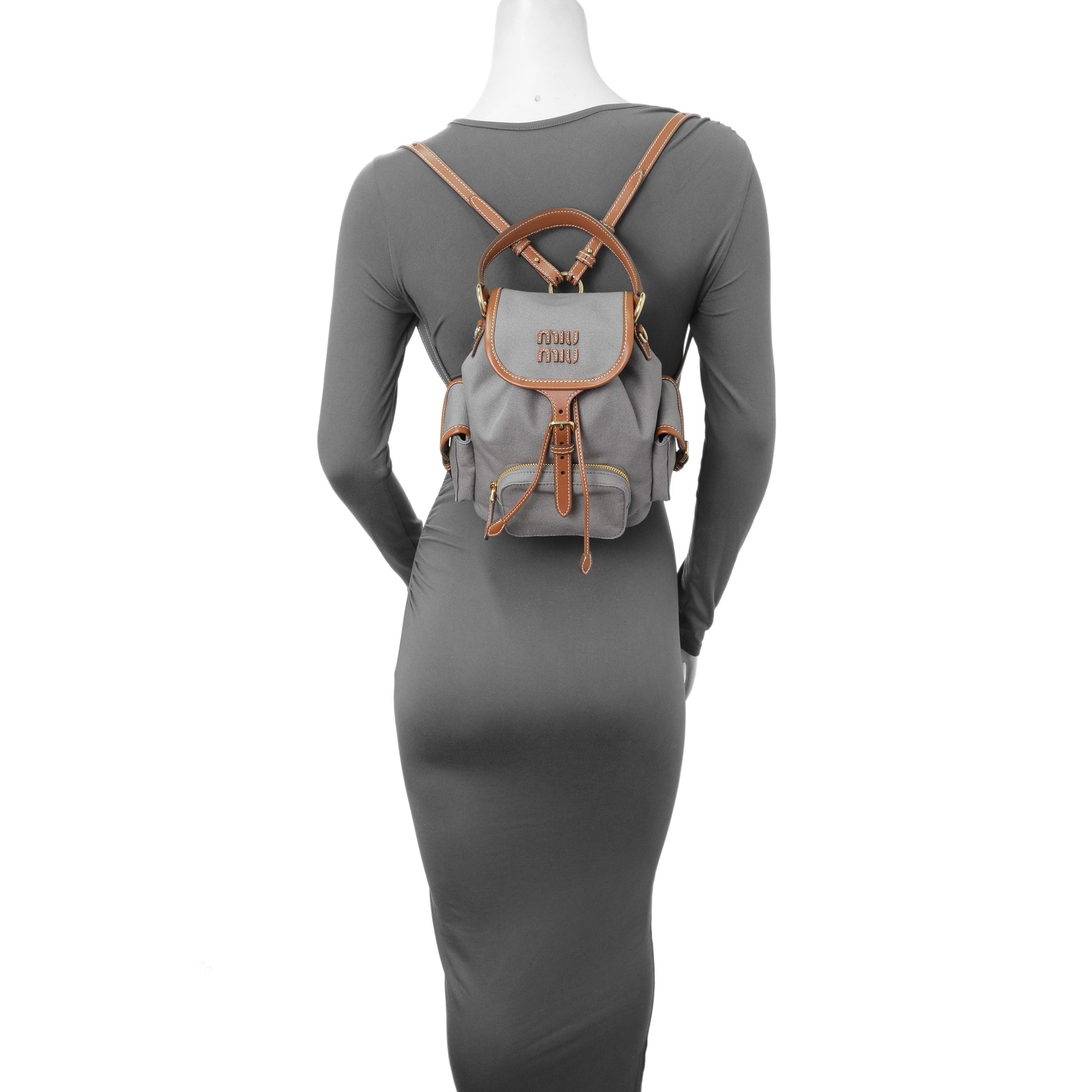 Exclusive Miu Miu Grey Canvas Backpack — Lifestyle View