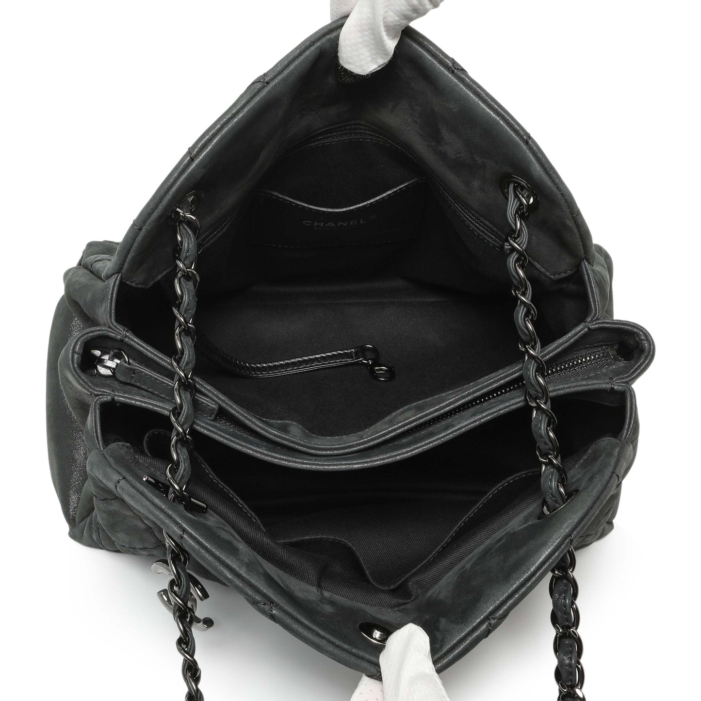 Exclusive Chanel Black Iridescent Calfskin Quilted Large Just Mademoiselle Bowling Bag — Alternate View 8