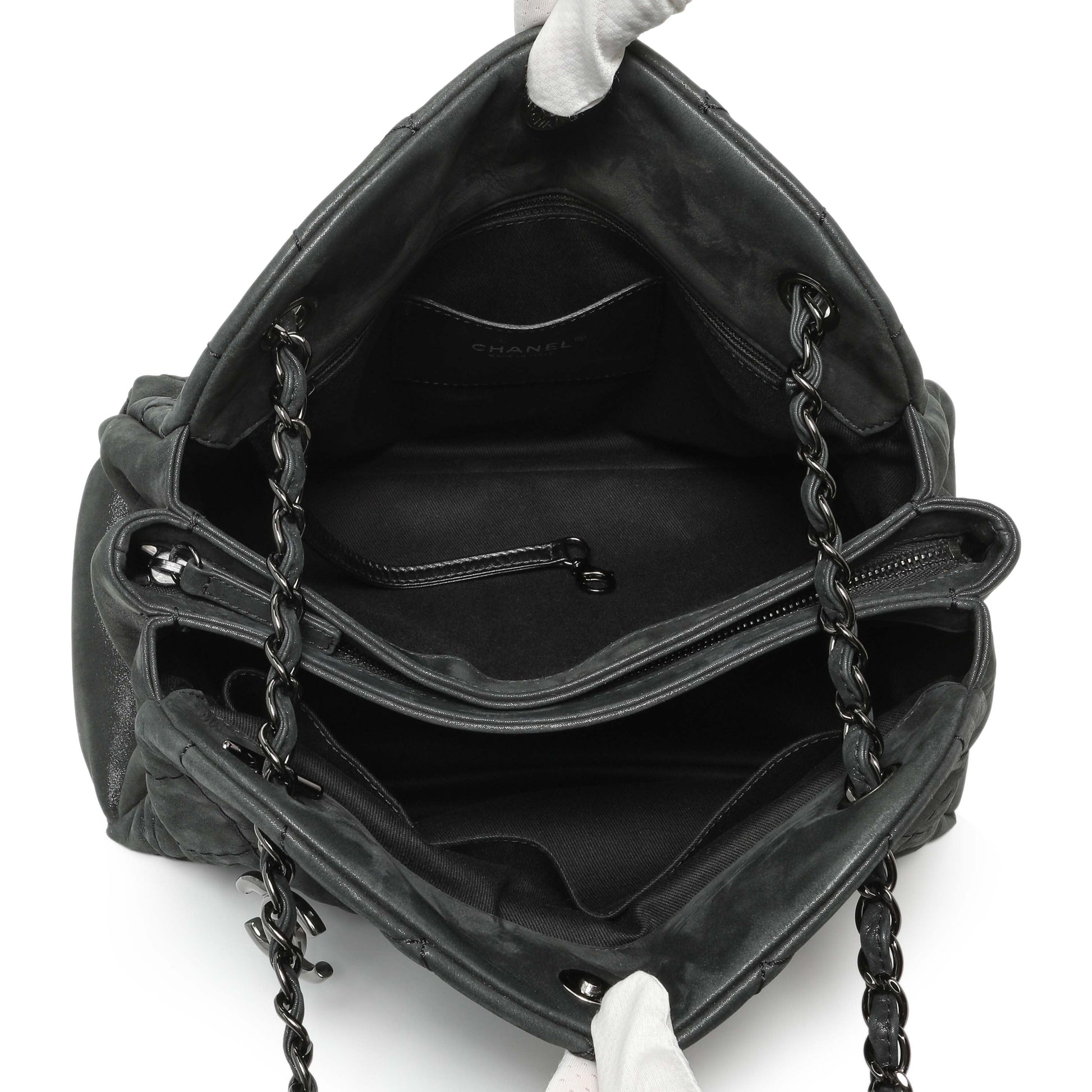 Exclusive Chanel Black Iridescent Calfskin Quilted Large Just Mademoiselle Bowling Bag — Alternate View 8