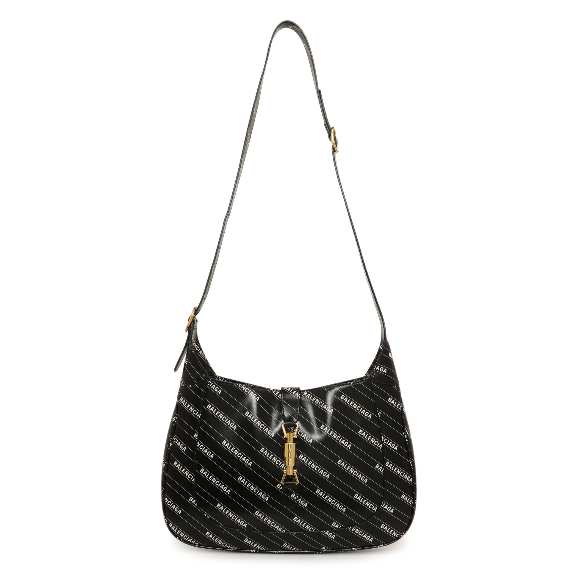 Exclusive Gucci X Balenciaga Black Calfskin Logo Print Medium Jackie 1961 Hobo — Front View