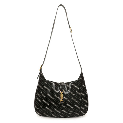 Exclusive Gucci X Balenciaga Black Calfskin Logo Print Medium Jackie 1961 Hobo — Front View