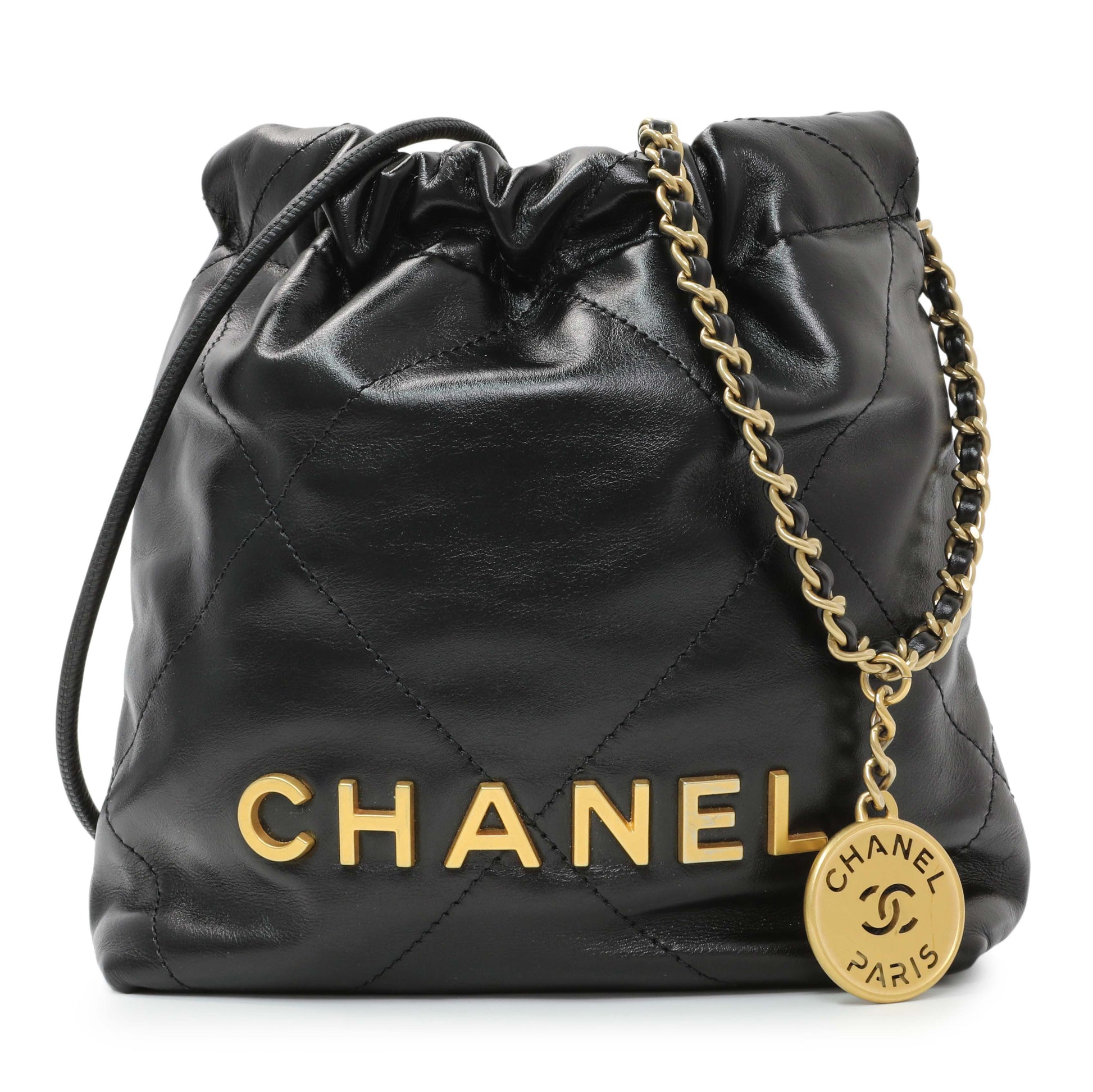 Exclusive Chanel Black Shiny Calfskin Quilted Mini Chanel 22 — Front View