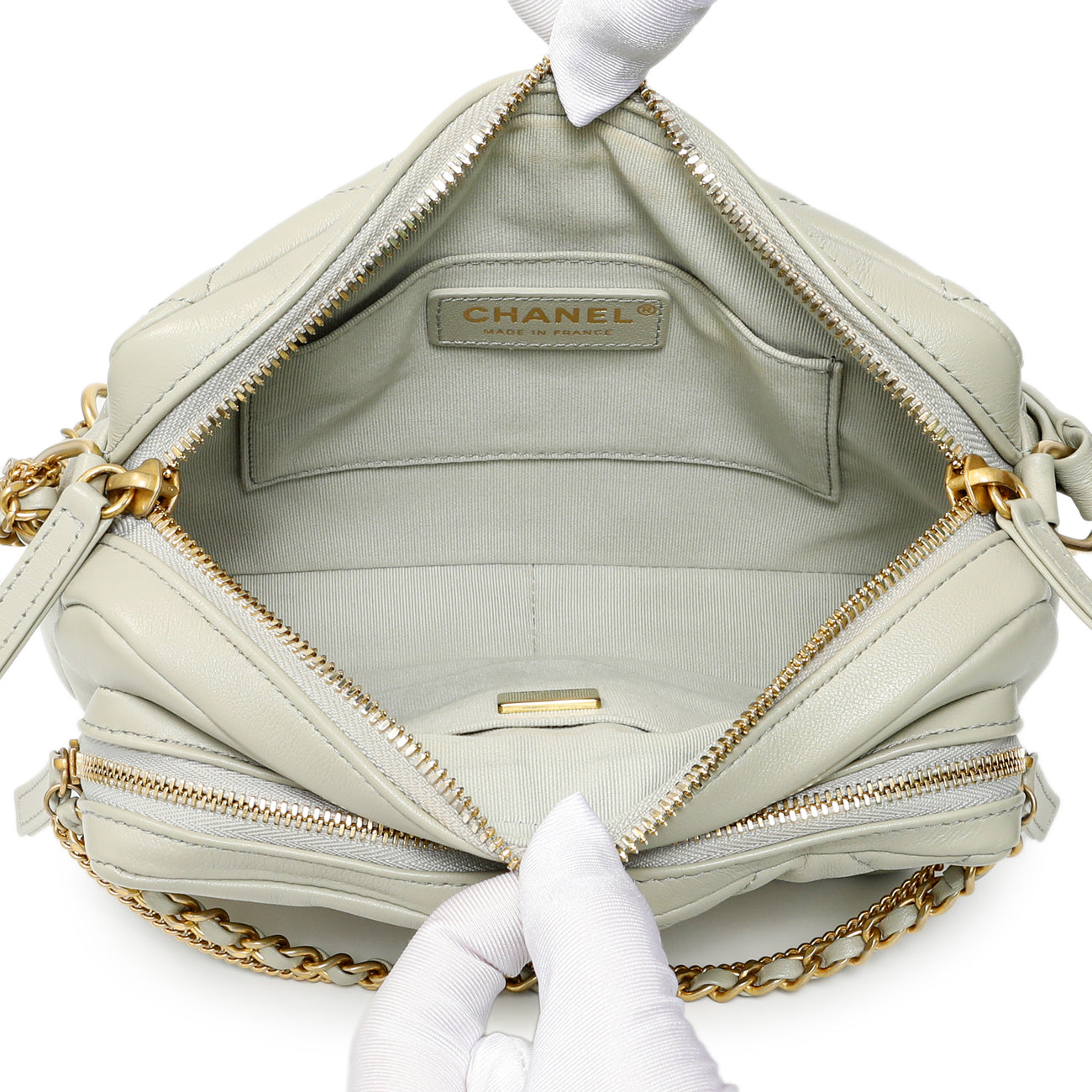Exclusive Chanel Grey Quilted Calfskin Small Camera Case — Detail View