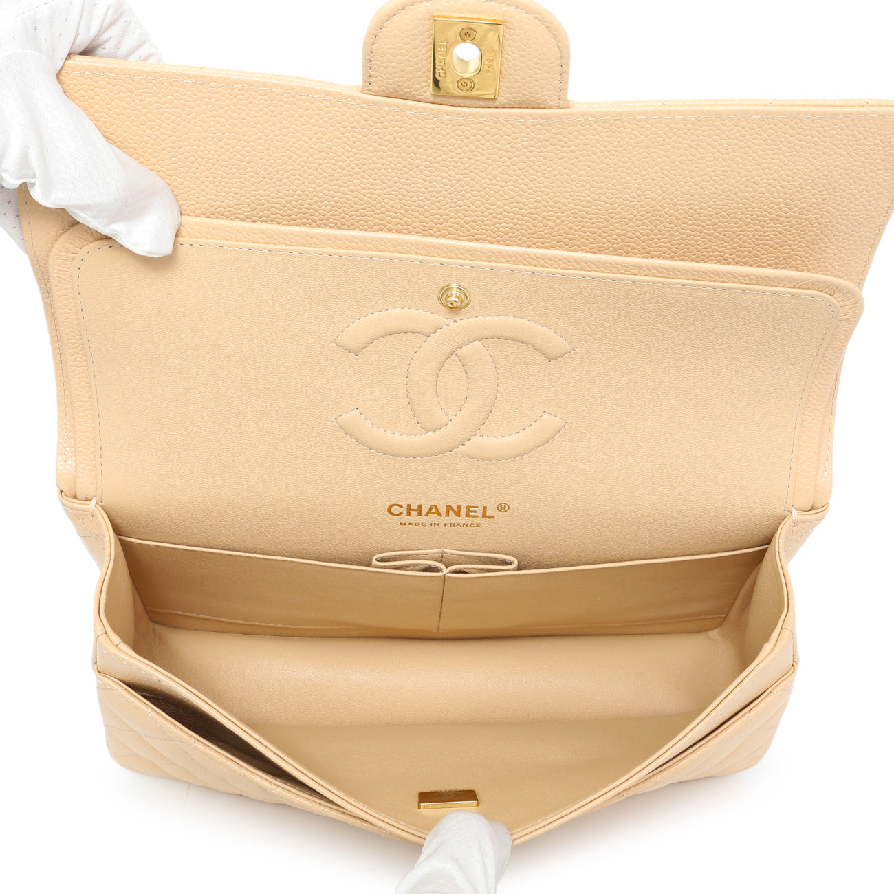 Exclusive Chanel Beige Quilted Caviar Medium Double Flap — Top View