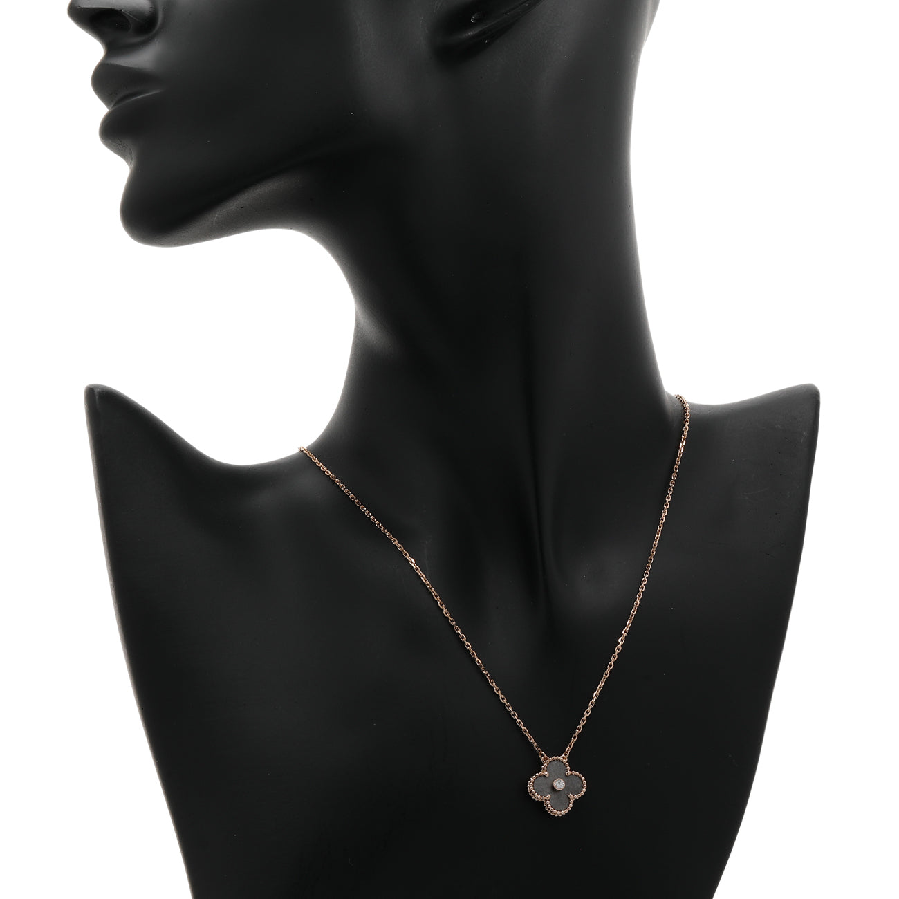 Exclusive Van Cleef & Arpels 18K Rose Gold Diamond Obsidian Vintage Alhambra Pendant Necklace — Detail View