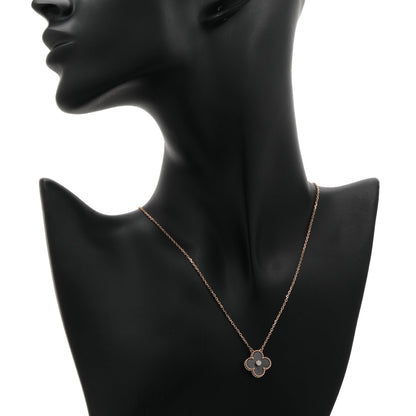Exclusive Van Cleef & Arpels 18K Rose Gold Diamond Obsidian Vintage Alhambra Pendant Necklace — Detail View