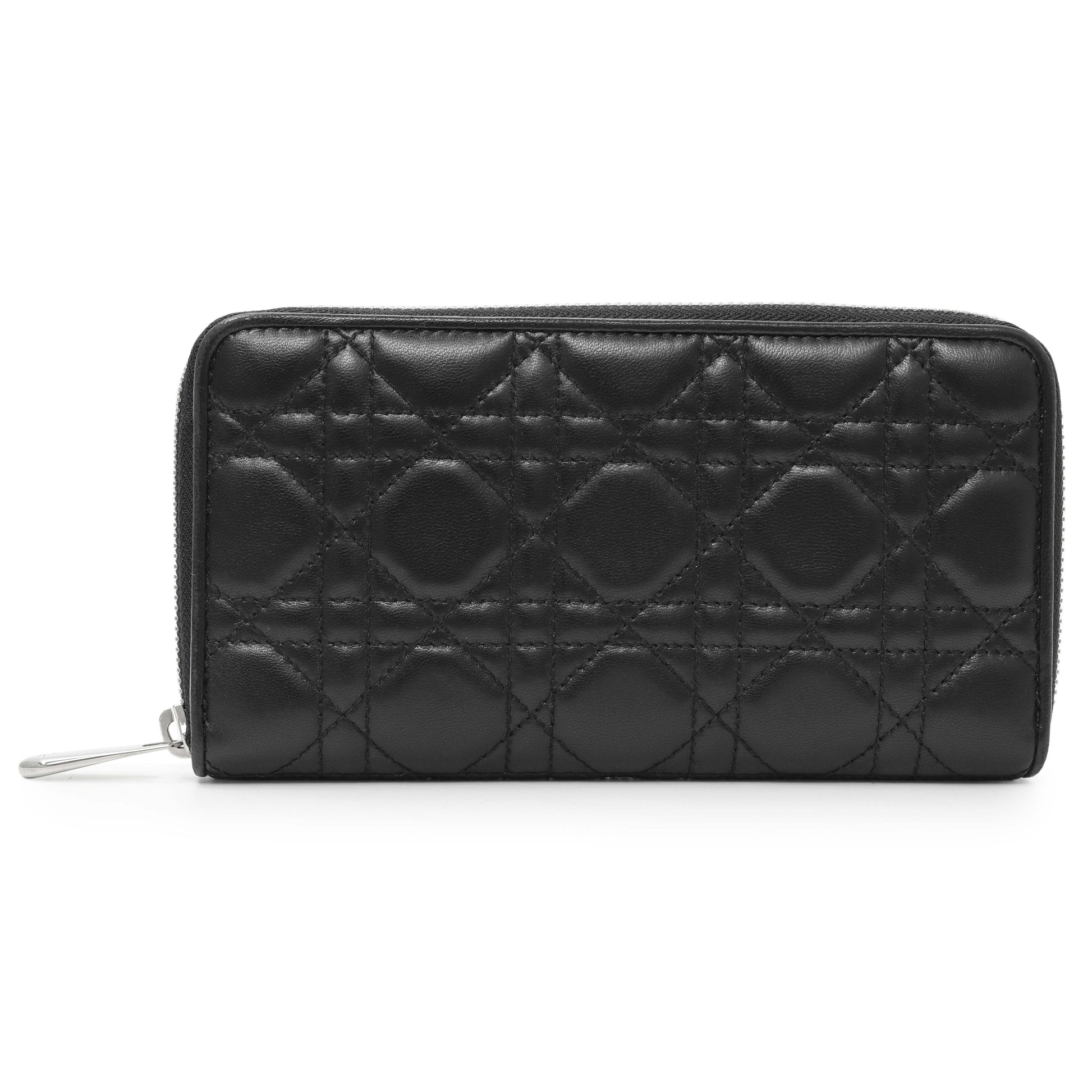 Exclusive Christian Dior Black Lambskin Cannage Lady Dior Zip Wallet — Front View