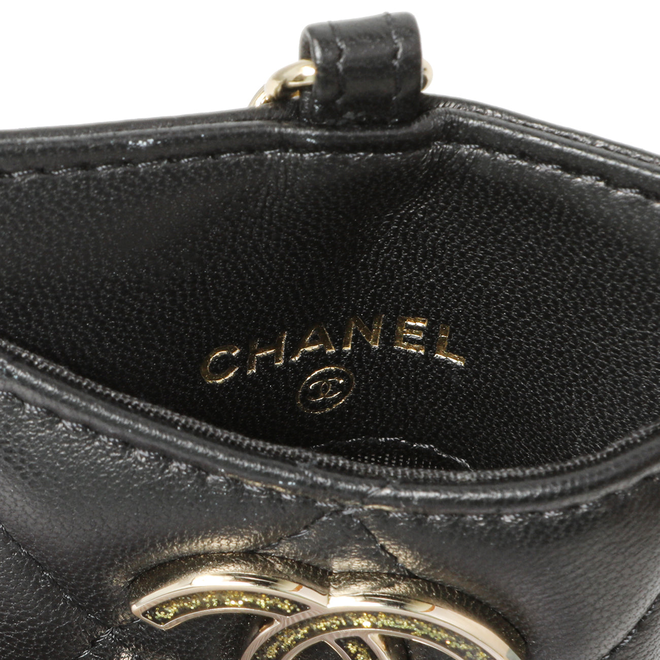 Exclusive Chanel Black Quilted Lambskin Card Holder on Chain — Lifestyle View