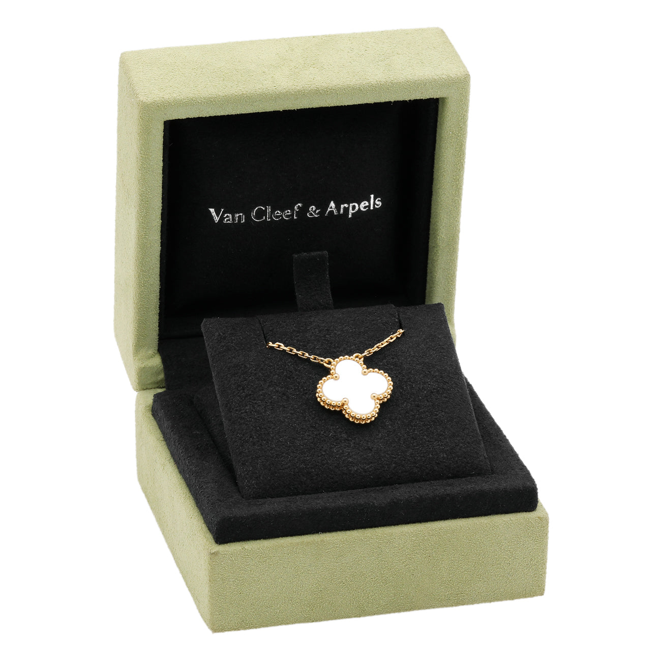Exclusive Van Cleef & Arpels 18K Yellow Gold Mother of Pearl Vintage Alhambra Pendant Necklace — Detail View