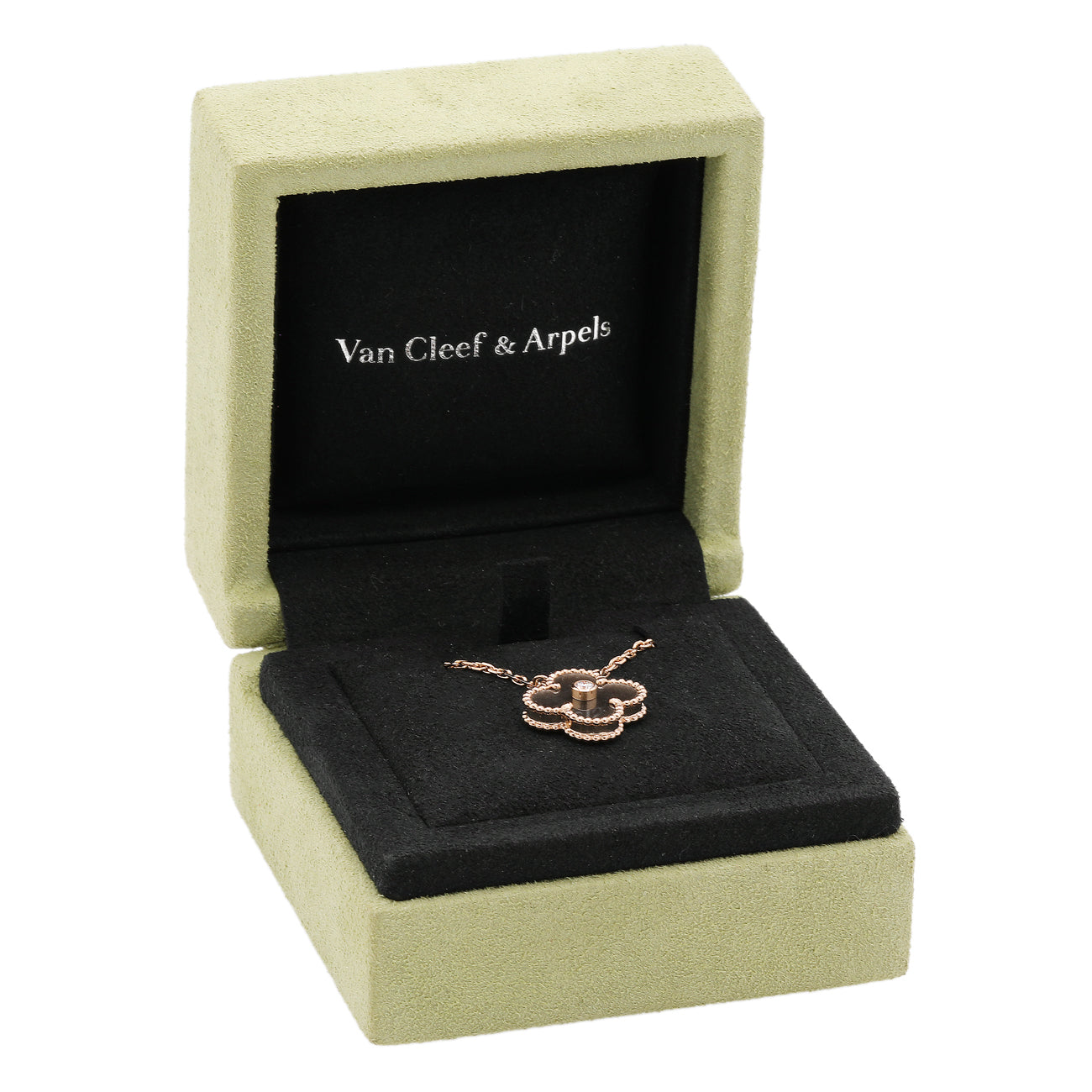 Exclusive Van Cleef & Arpels 18K Rose Gold Diamond Obsidian Vintage Alhambra Pendant Necklace — Lifestyle View