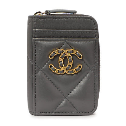 Exclusive Chanel Grey Quilted Lambskin 19 Vertical Zip Card Holder Wallet — Front View