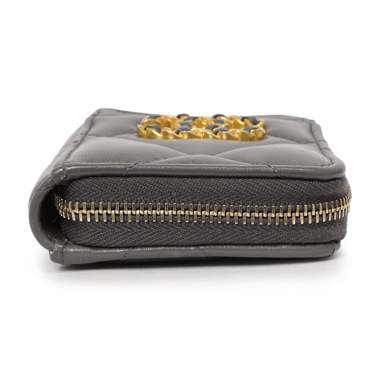 Exclusive Chanel Grey Quilted Lambskin 19 Vertical Zip Card Holder Wallet — Back View