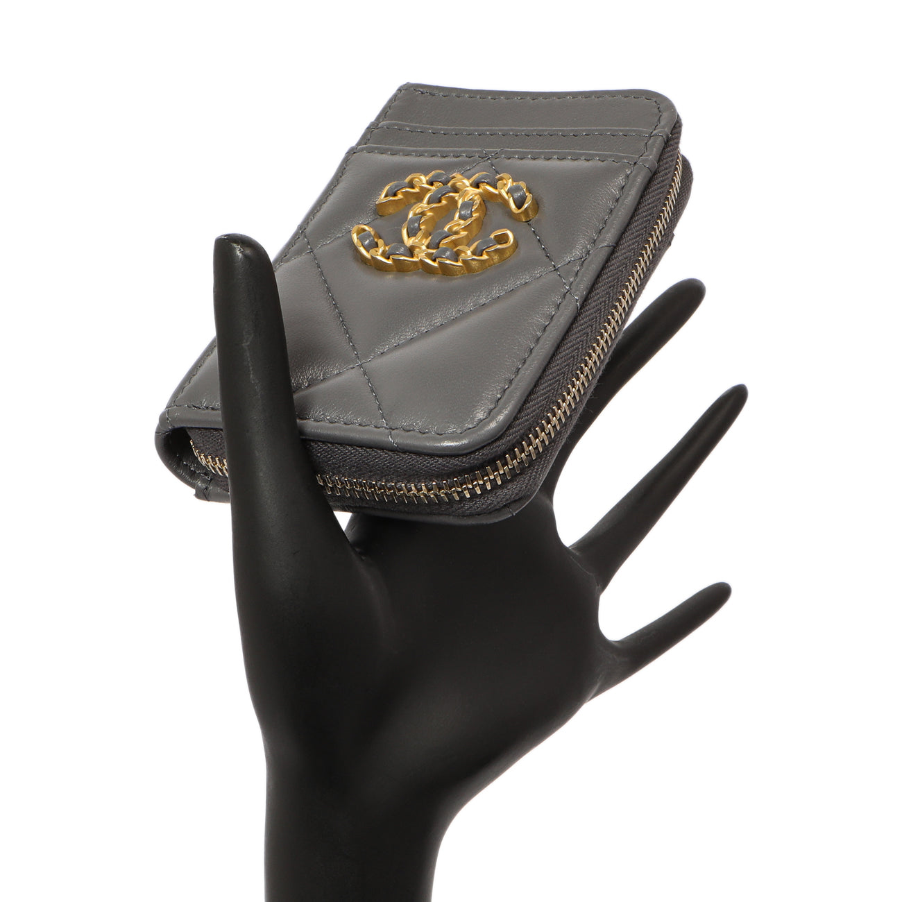 Exclusive Chanel Grey Quilted Lambskin 19 Vertical Zip Card Holder Wallet — Lifestyle View