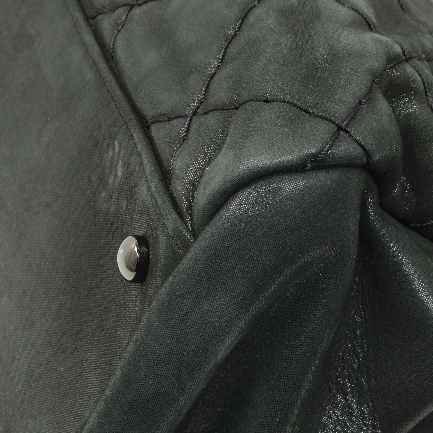 Exclusive Chanel Black Iridescent Calfskin Quilted Large Just Mademoiselle Bowling Bag — Detail View