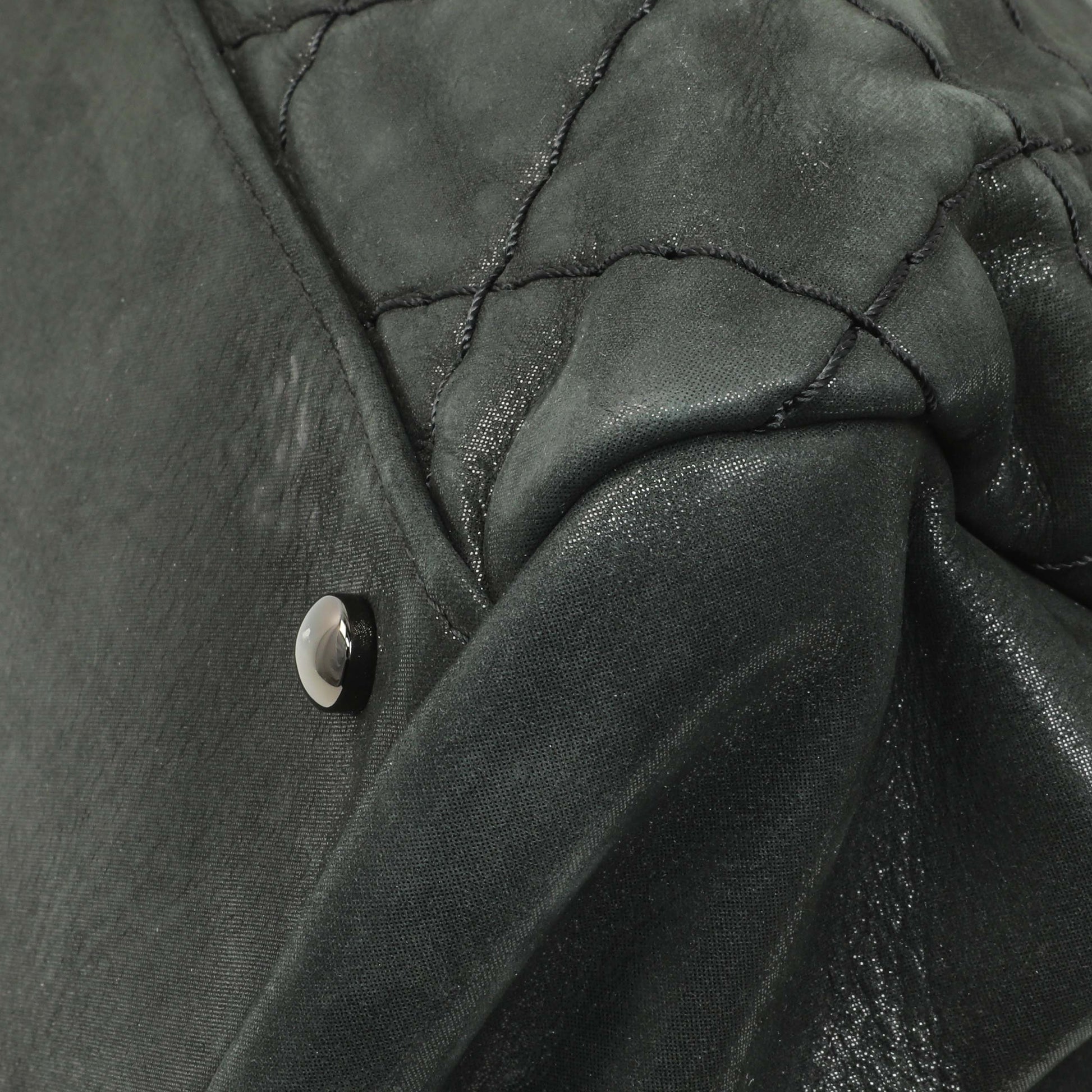Exclusive Chanel Black Iridescent Calfskin Quilted Large Just Mademoiselle Bowling Bag — Detail View