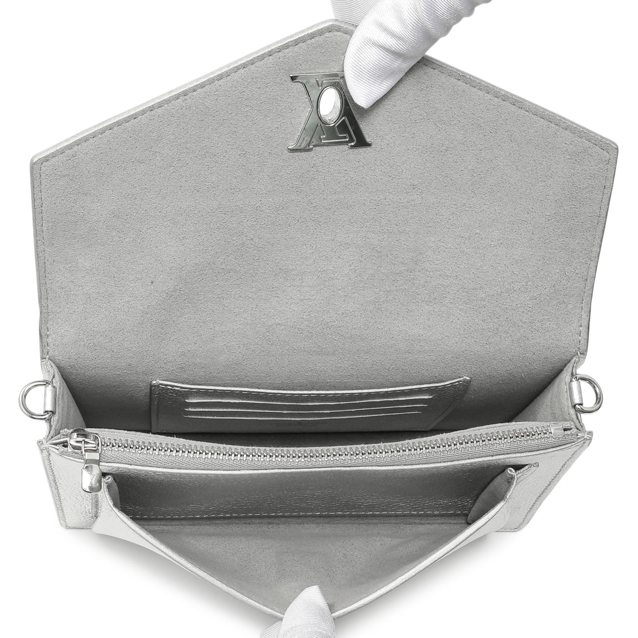 Exclusive Louis Vuitton Silver Soft Calfskin Mylockme Chain Pochette — Top View