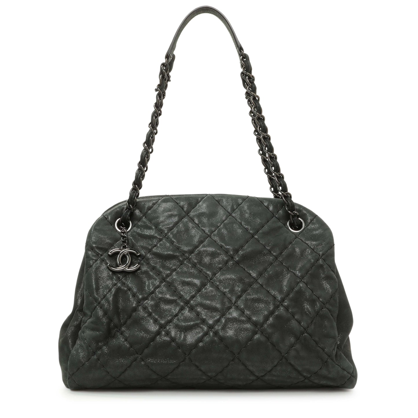 Exclusive Chanel Black Iridescent Calfskin Quilted Large Just Mademoiselle Bowling Bag — Front View