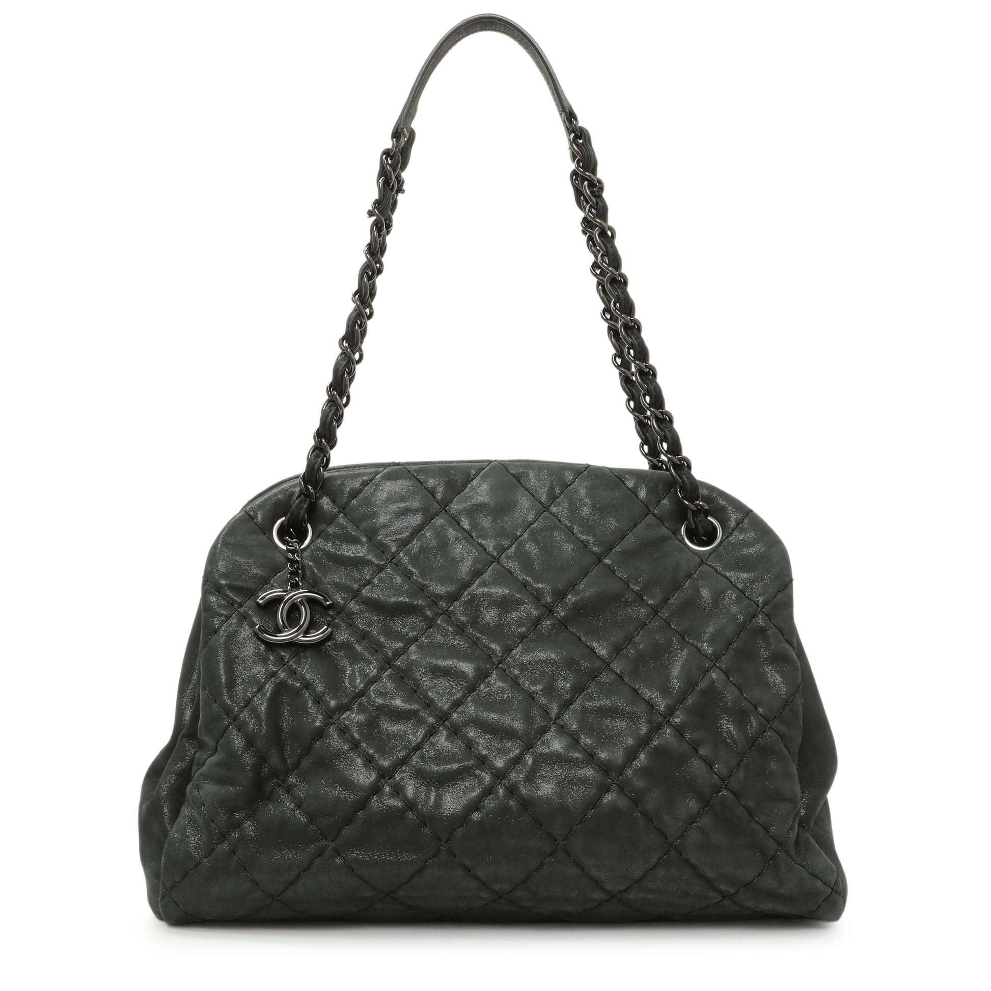 Exclusive Chanel Black Iridescent Calfskin Quilted Large Just Mademoiselle Bowling Bag — Front View