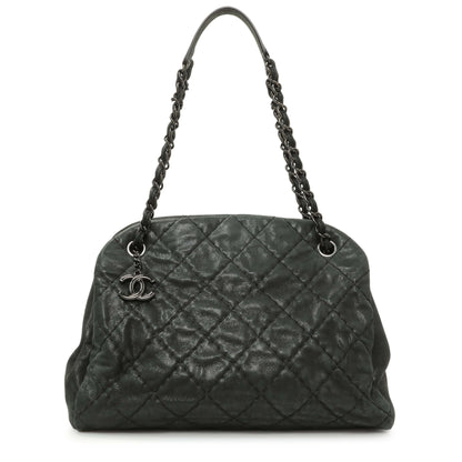 Exclusive Chanel Black Iridescent Calfskin Quilted Large Just Mademoiselle Bowling Bag — Front View