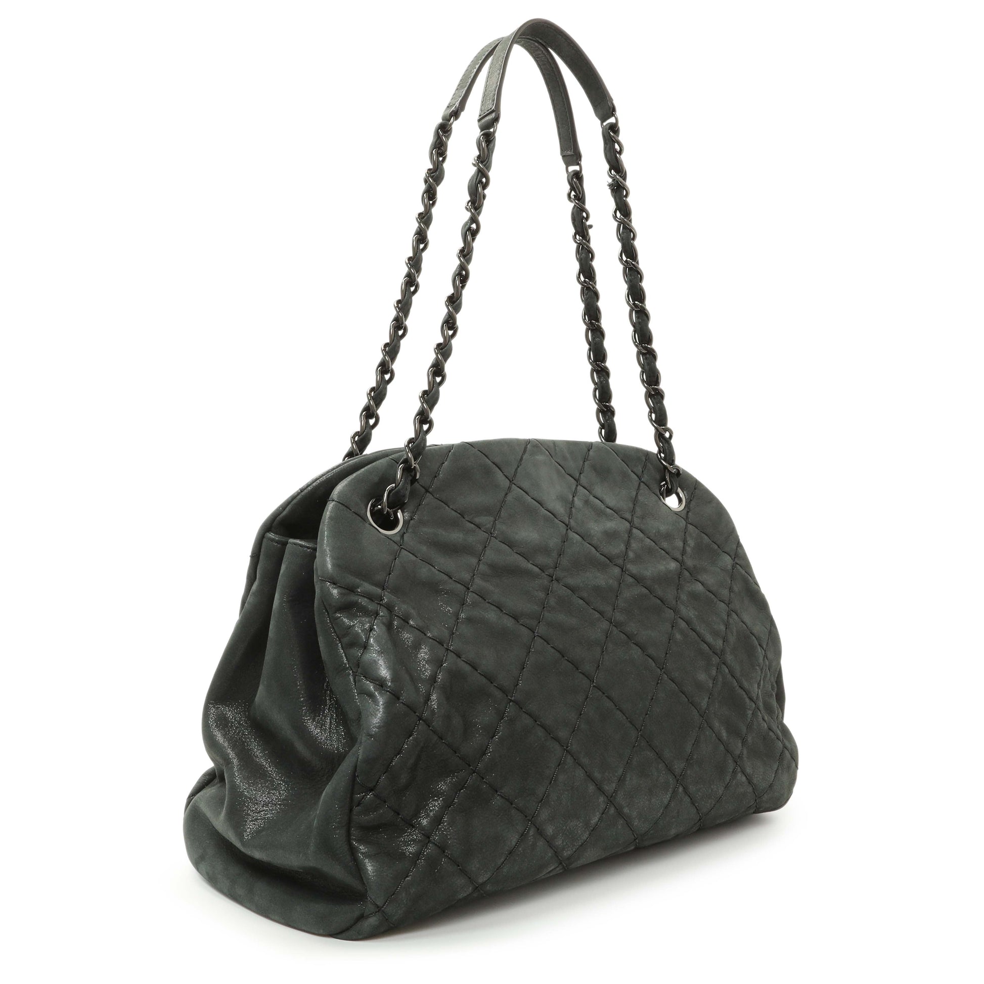 Exclusive Chanel Black Iridescent Calfskin Quilted Large Just Mademoiselle Bowling Bag — Side View