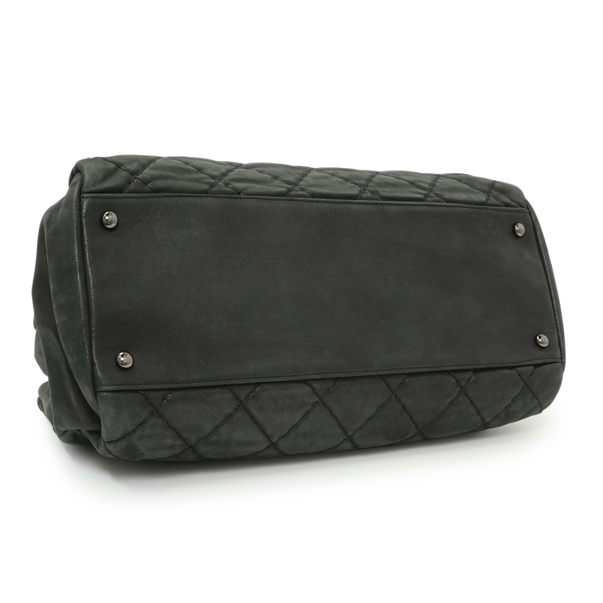 Exclusive Chanel Black Iridescent Calfskin Quilted Large Just Mademoiselle Bowling Bag — Back View