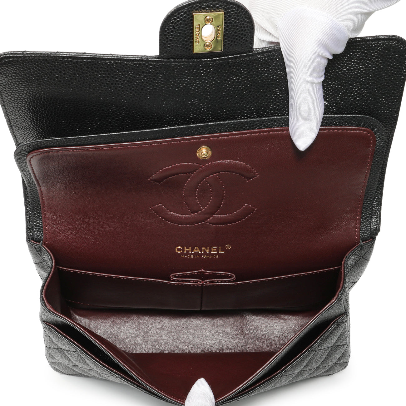 Exclusive Chanel Black Quilted Caviar Medium Classic Double Flap — Top View