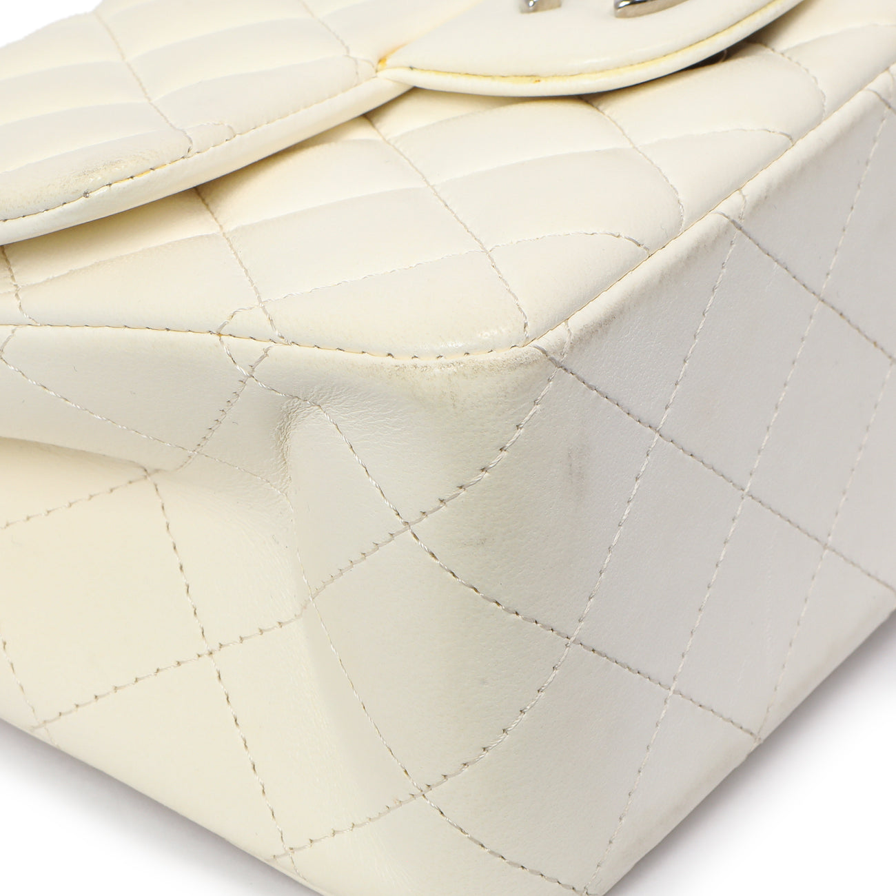 Exclusive Chanel White Quilted Lambskin Mini Square Flap — Detail View