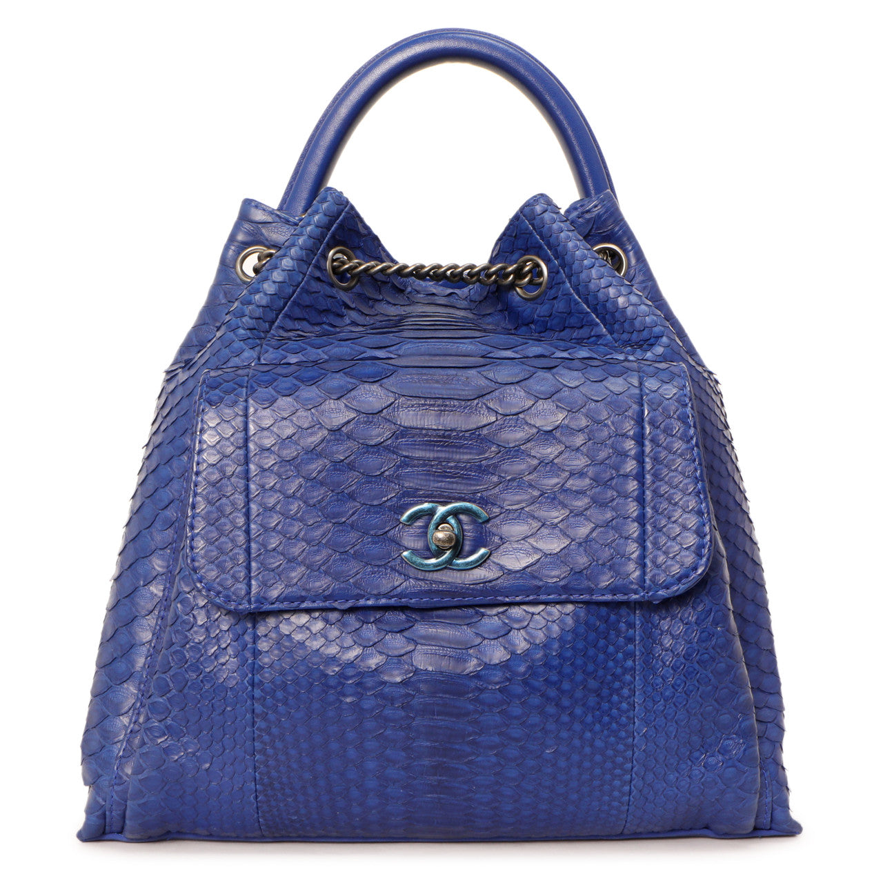 Exclusive Chanel Blue Python Urban Luxury Drawstring Backpack — Front View