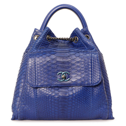 Exclusive Chanel Blue Python Urban Luxury Drawstring Backpack — Front View