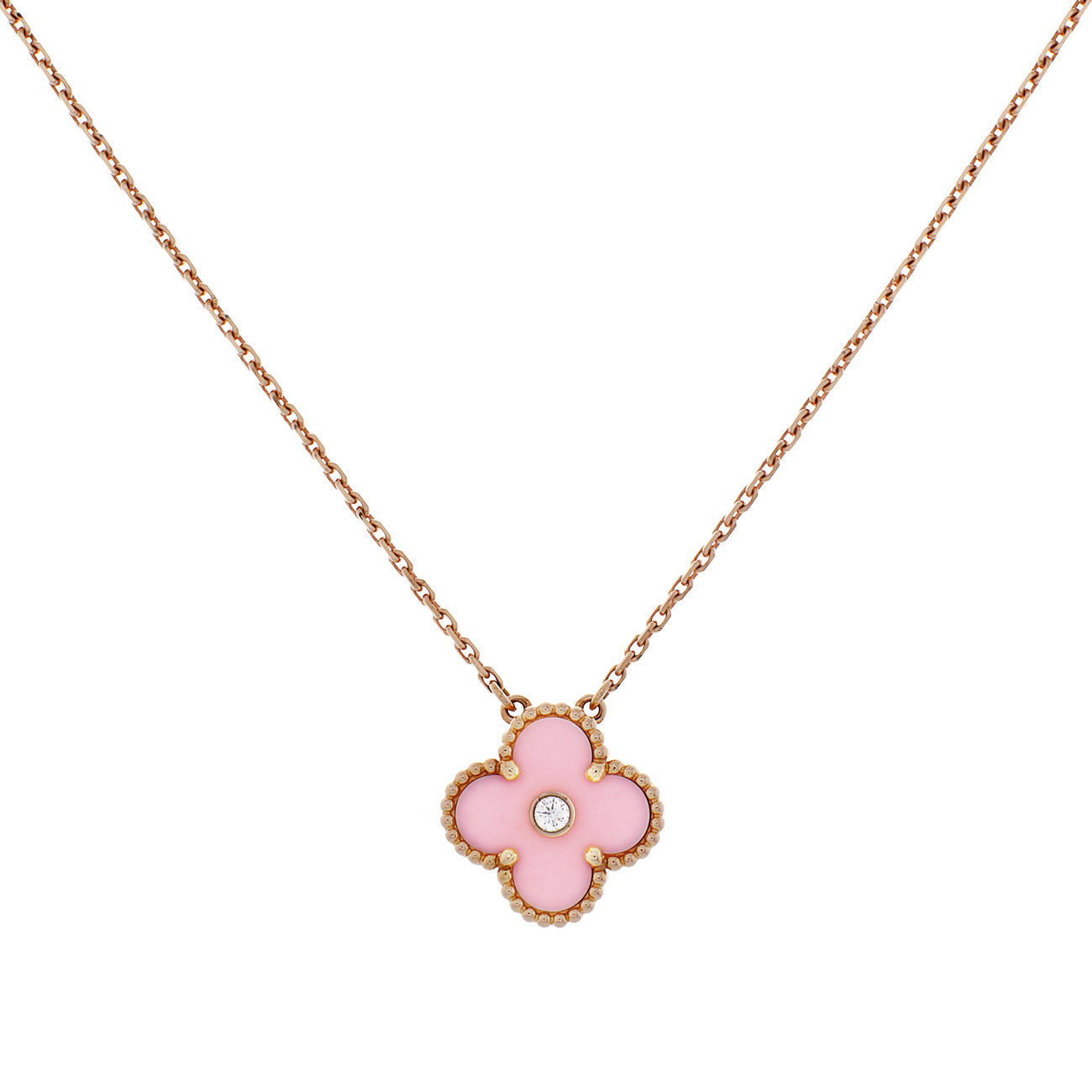 Exclusive Van Cleef & Arpels 18K Rose Gold Porcelain Diamond Vintage Alhambra Pendant — Front View