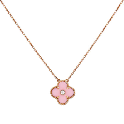 Exclusive Van Cleef & Arpels 18K Rose Gold Porcelain Diamond Vintage Alhambra Pendant — Front View