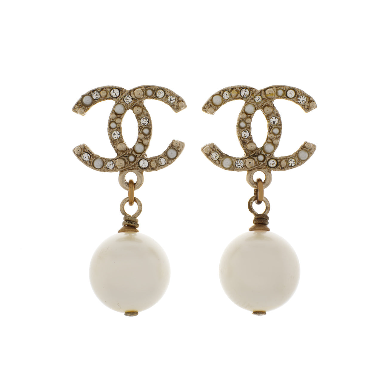 Exclusive Chanel Pearl Crystal CC Earrings — Front View
