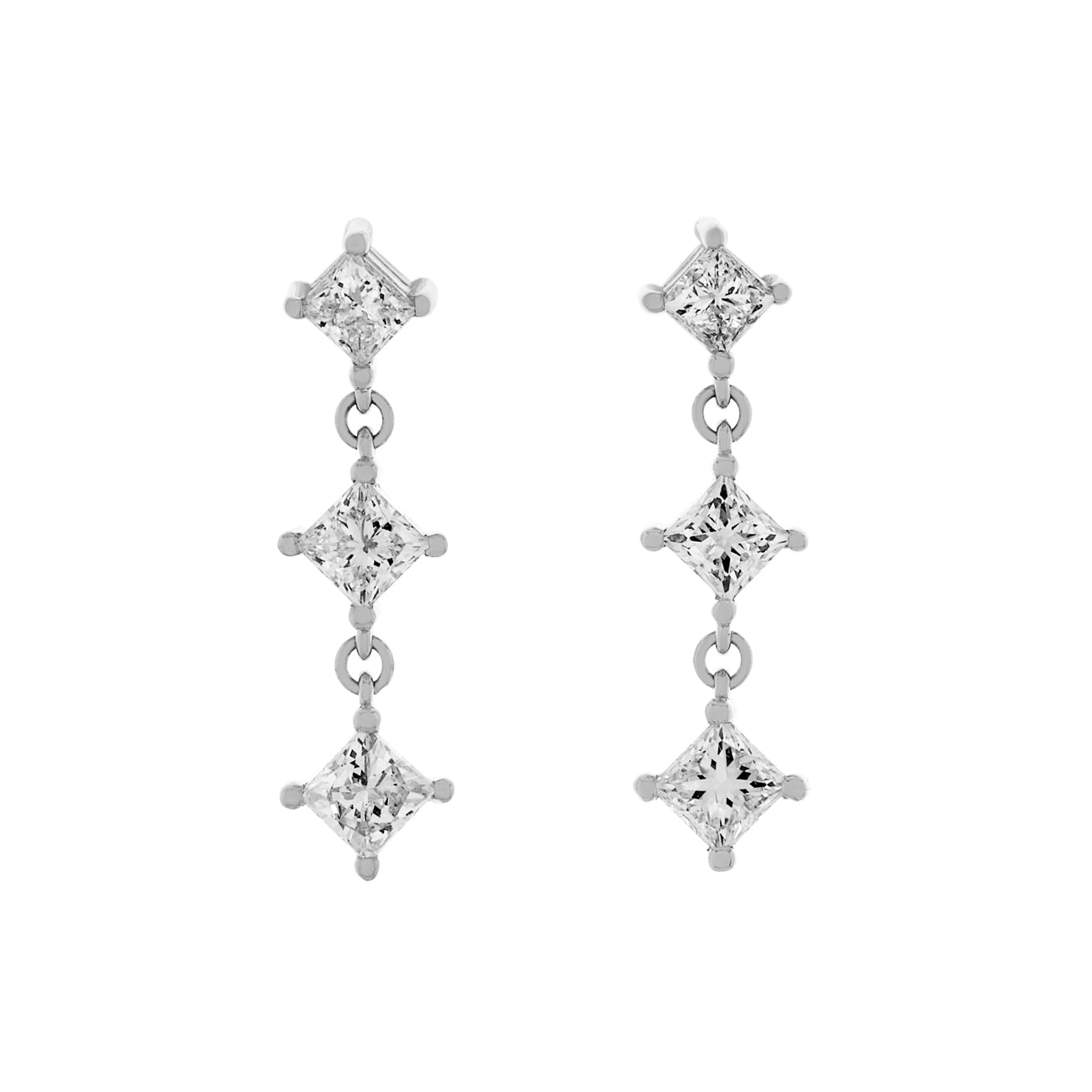 Exclusive 18K White Gold 1.92 Carat Princess Diamond Riviere Earrings — Front View