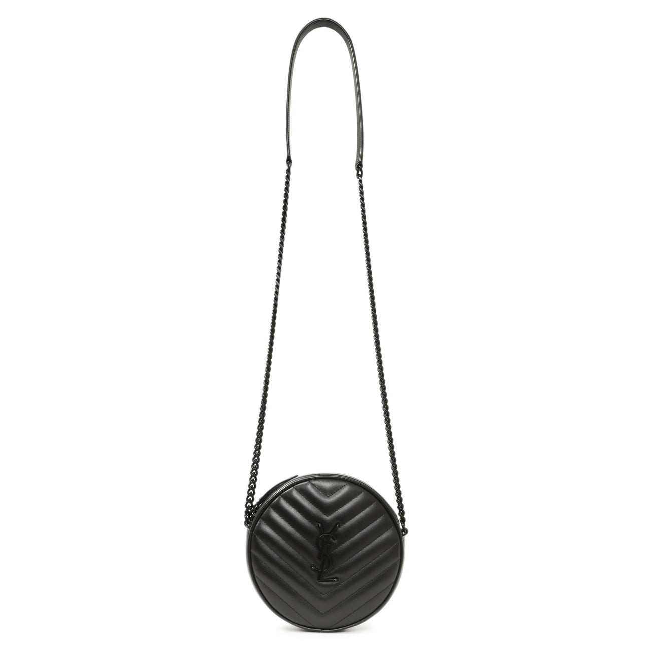 Exclusive Saint Laurent Black Calfskin Matelasse Chevron Round Vinyle Camera Bag — Front View