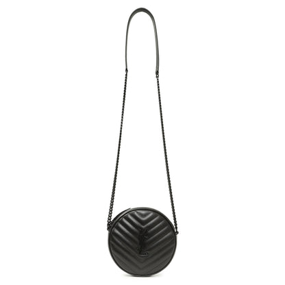 Exclusive Saint Laurent Black Calfskin Matelasse Chevron Round Vinyle Camera Bag — Front View