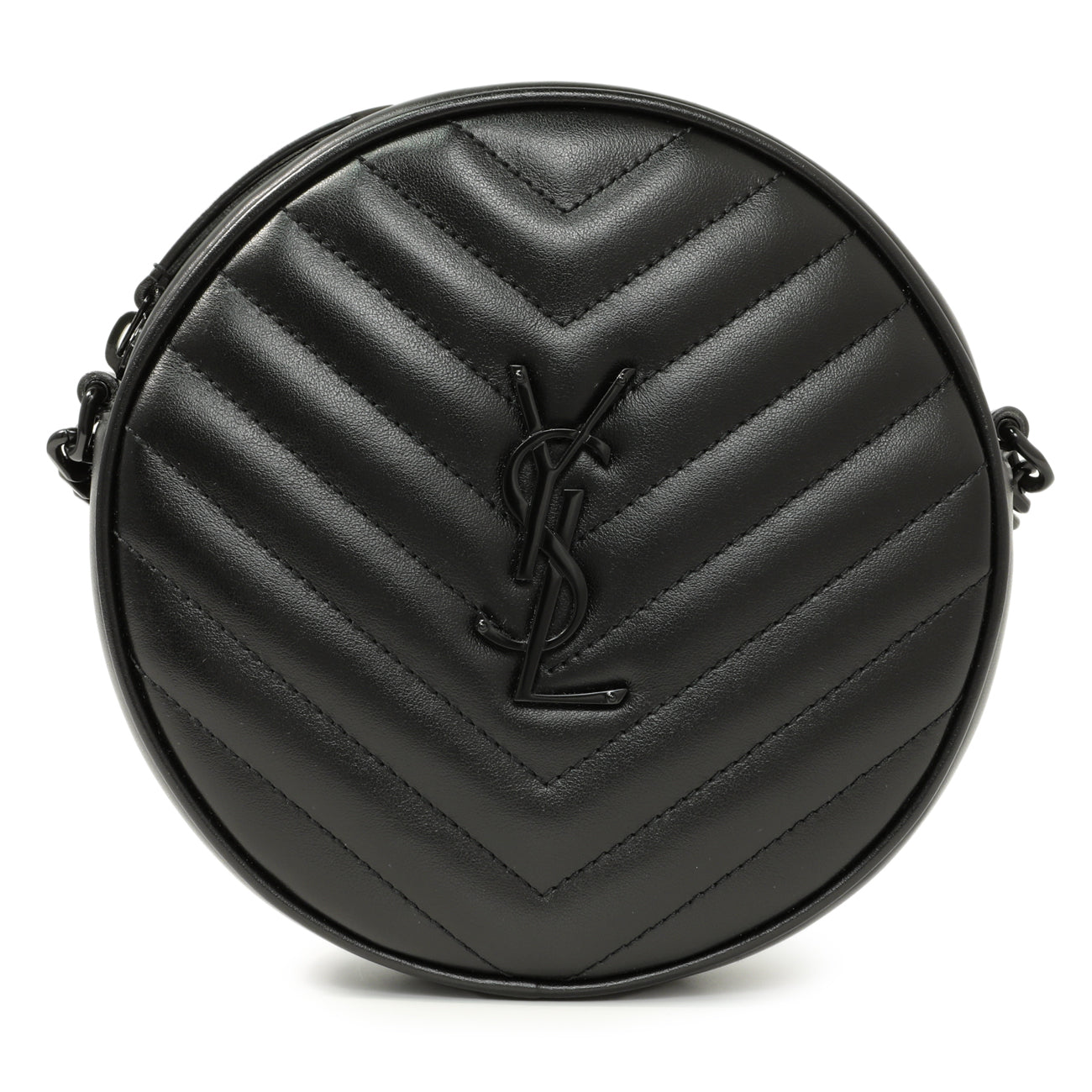 Exclusive Saint Laurent Black Calfskin Matelasse Chevron Round Vinyle Camera Bag — Side View